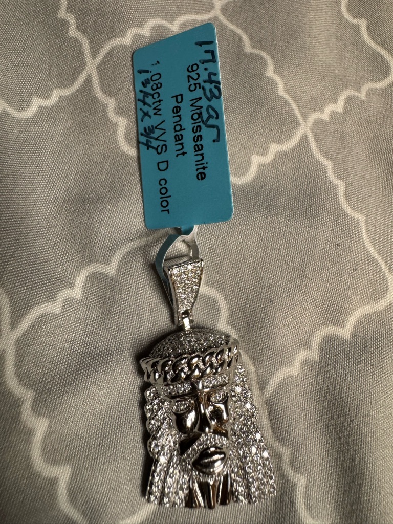 925 Italian Sterling Silver Moisonite Sterling Silver Pave Jesus Face Pendant
